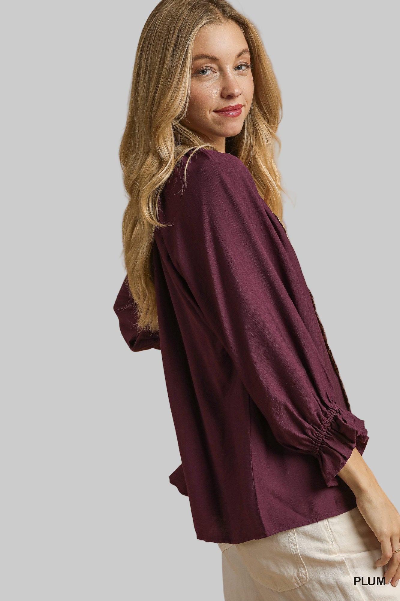 Lainey Leopard Trim Button Front Blouse Plum
