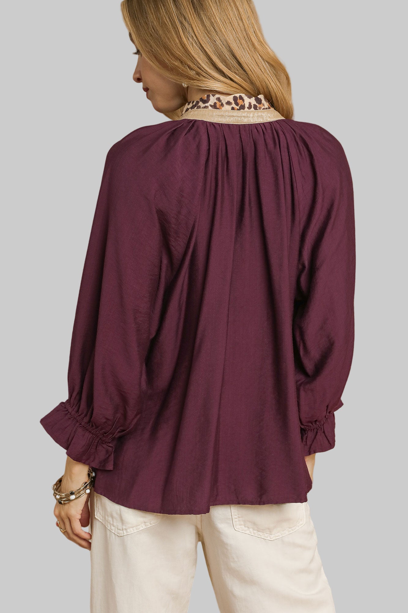 Lainey Leopard Trim Button Front Blouse Plum