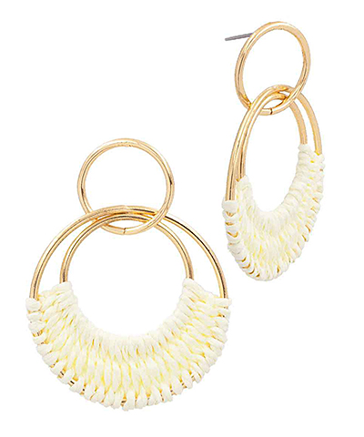 Raffia Woven 2 Circle Drop Earrings Light Ivory