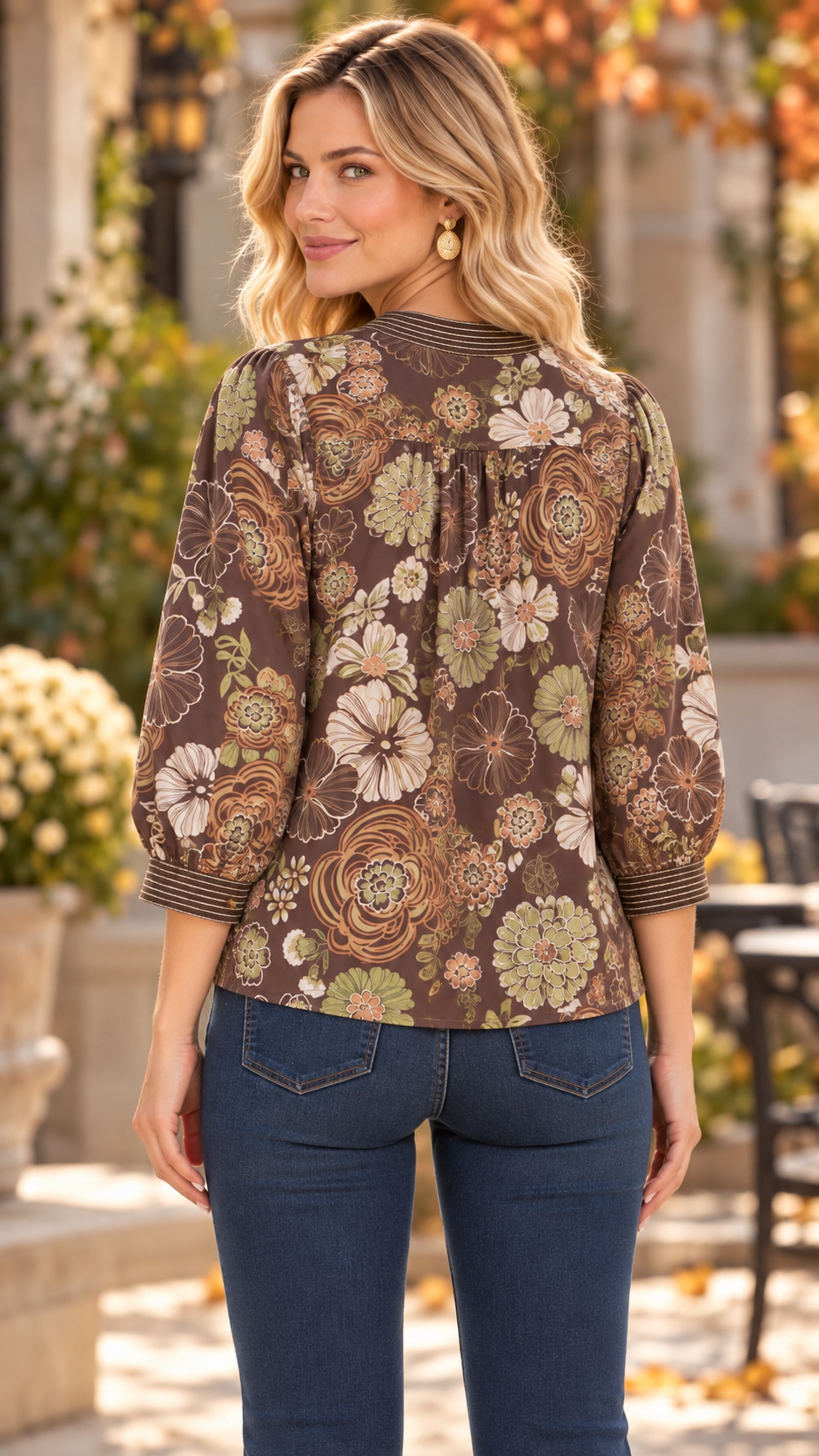 Fallen Floral Print 3/4 Sleeve Top Brown