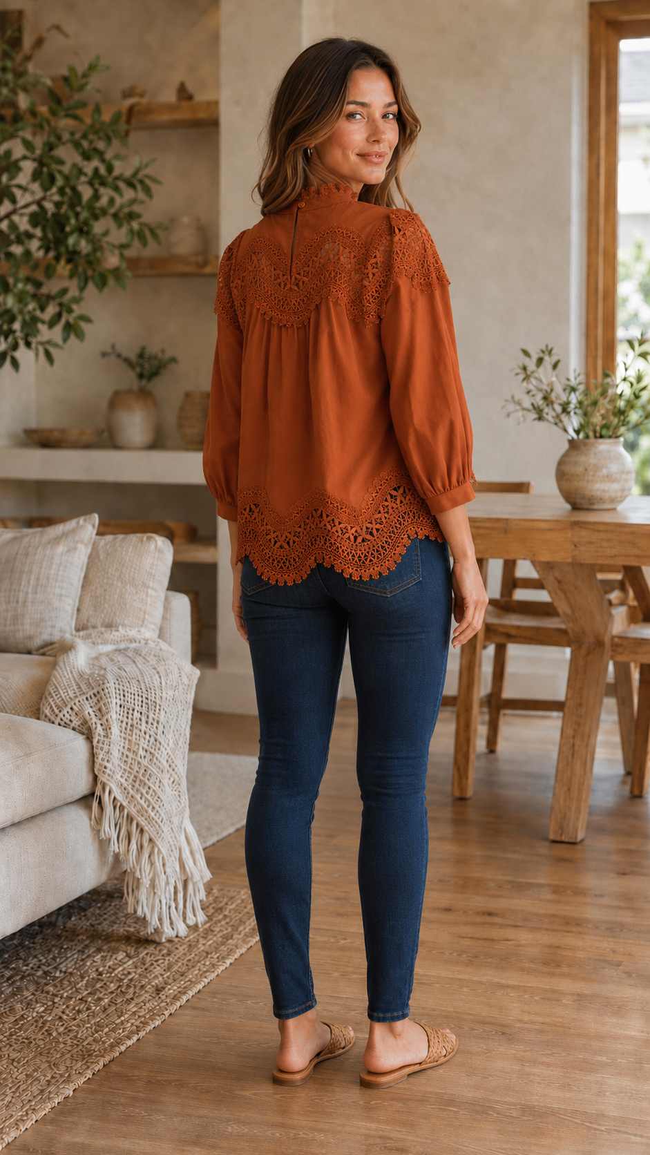 Lacee Mock Neck 3/4 Sleeve Lace Trim Blouse Clay