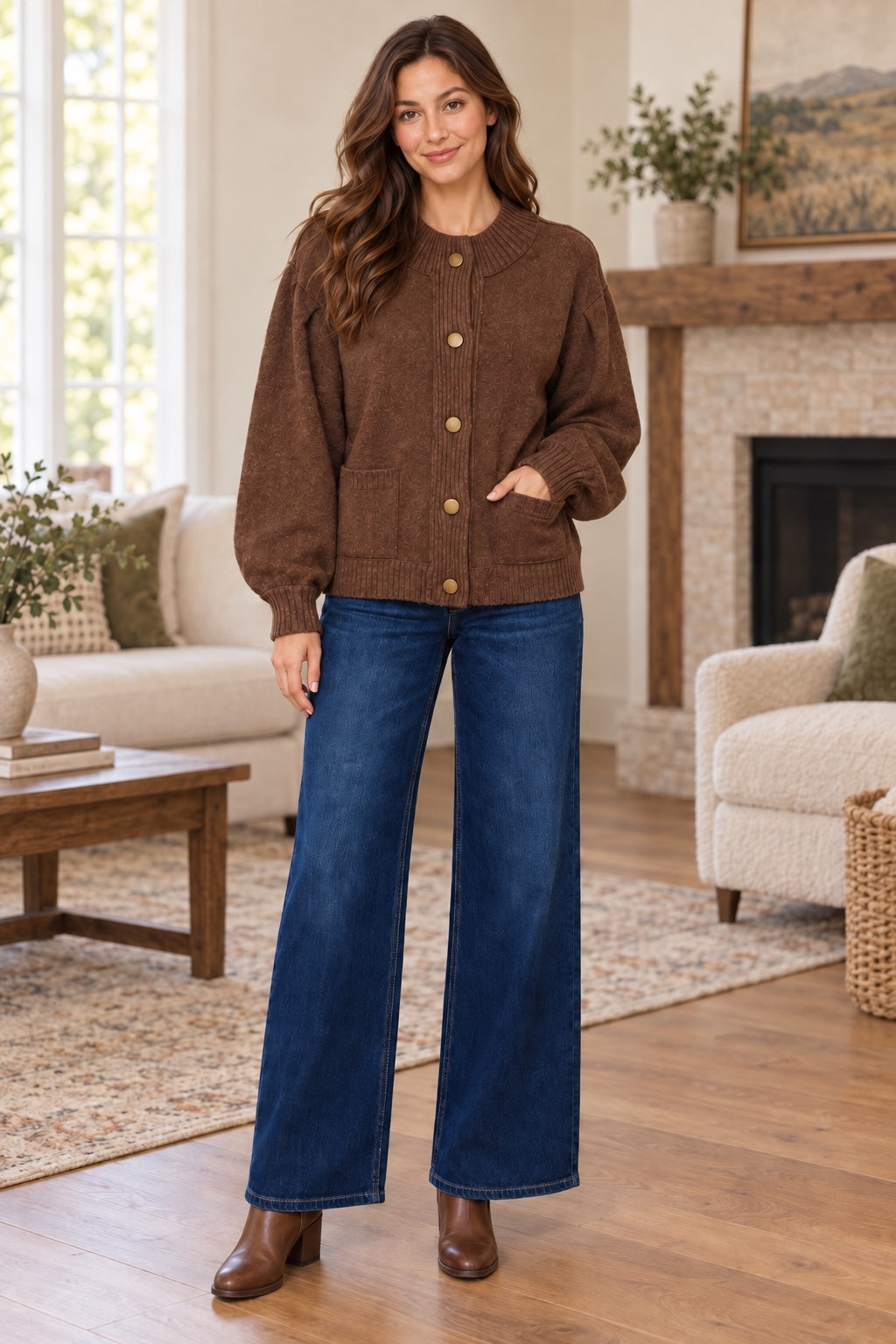 Delaney Drop Shoulder Long Puff Sleeve Sweater Cardigan Brown