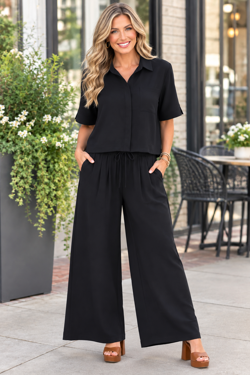 Sandy Short Sleeve Button Down Top & Pants Set Black