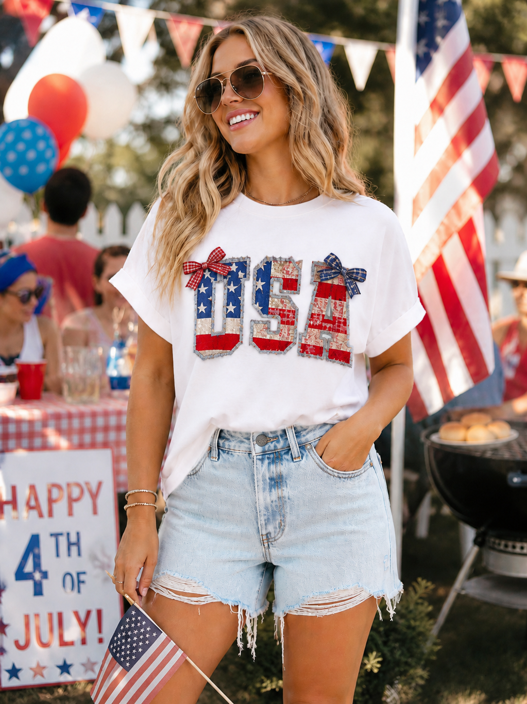 Favorite Faux Quilted USA Comfort Color Tee White