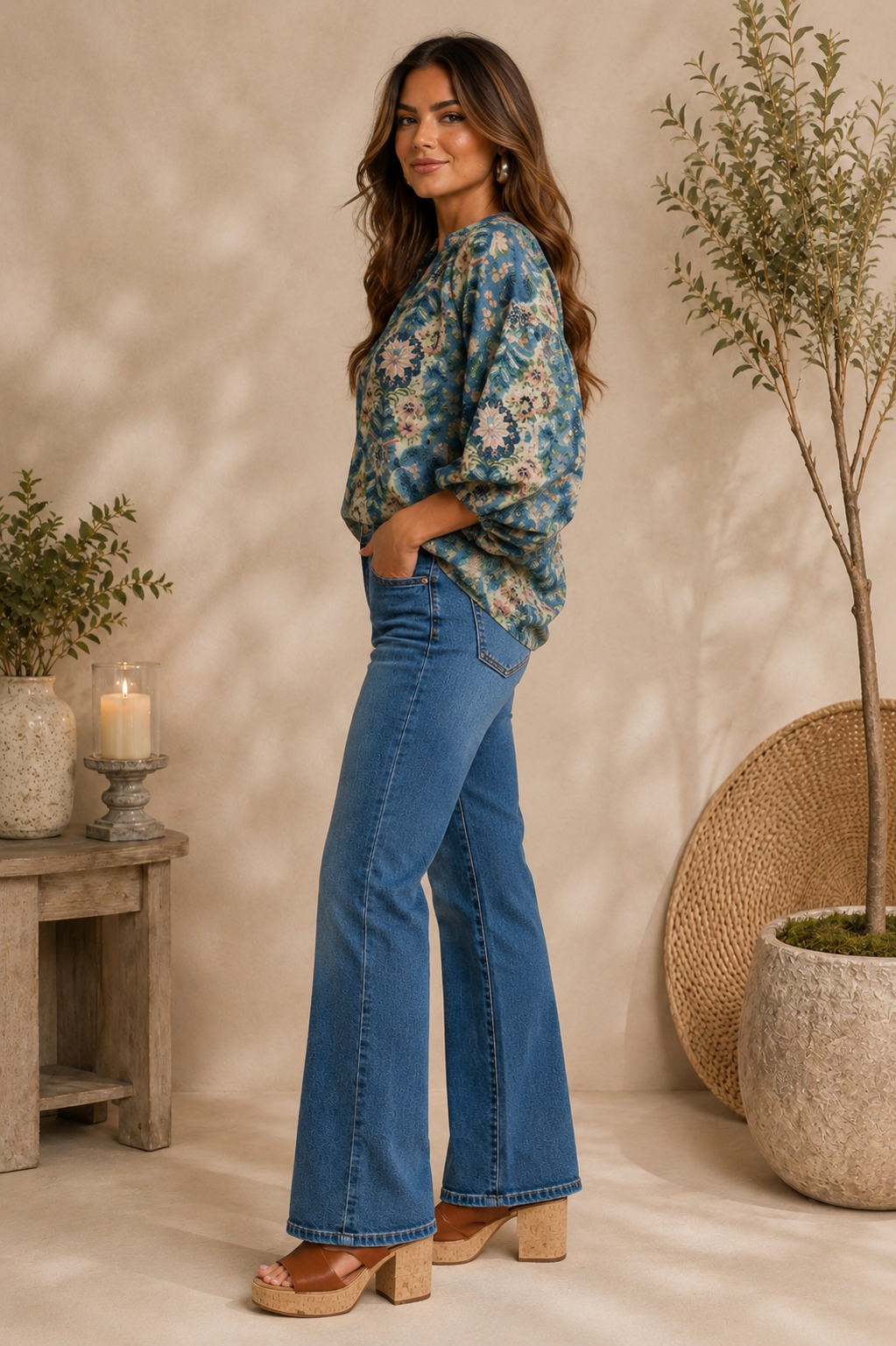 Stella Abstract Print Split V Neck Slate Blue