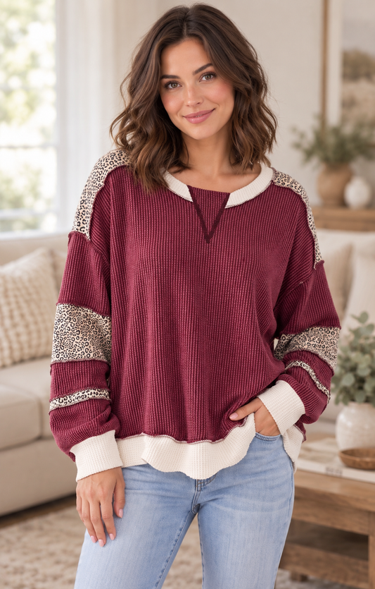 Lucy Leopard Print Contrast Ribbed Sweatshirt Burgundy