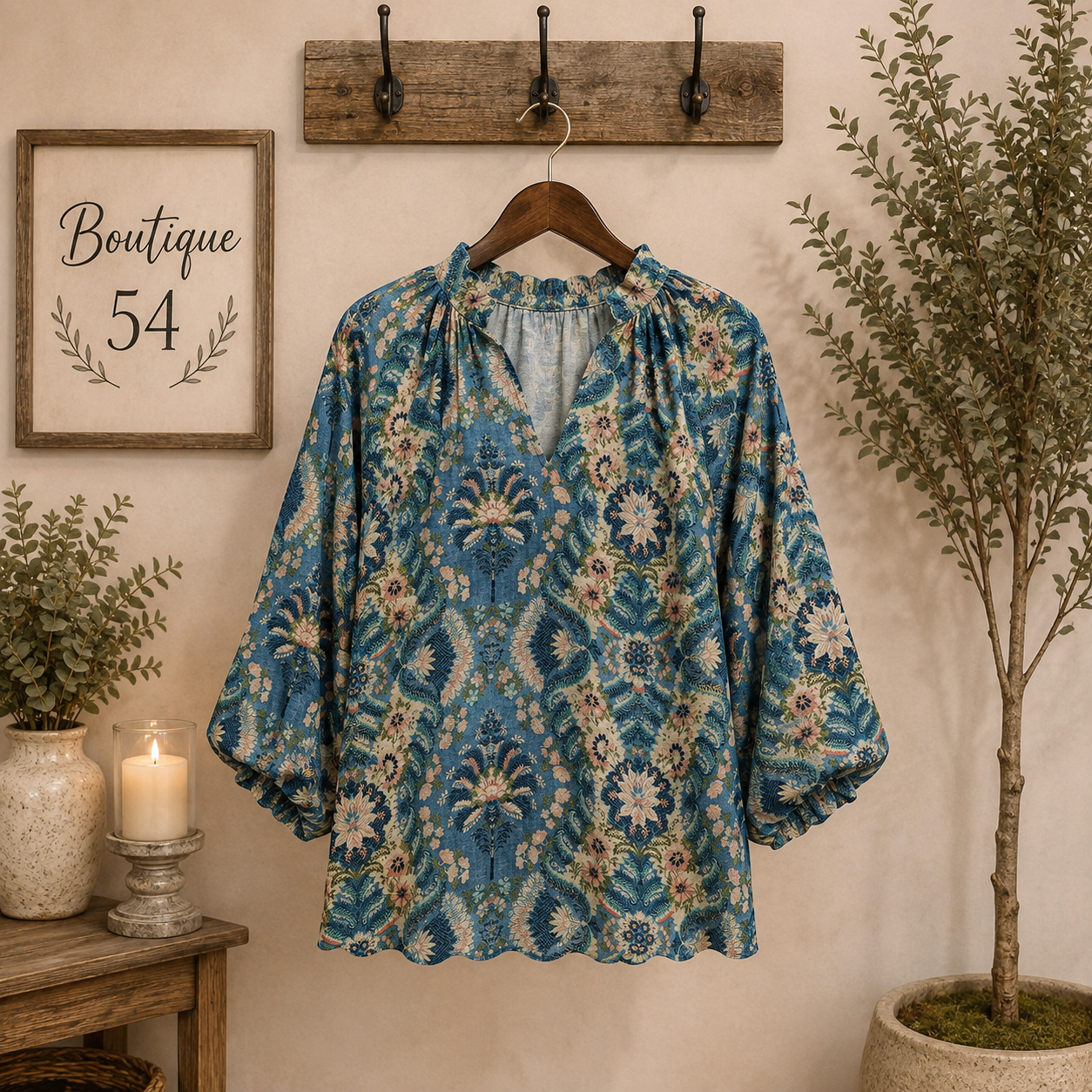 Stella Abstract Print Split V Neck Slate Blue