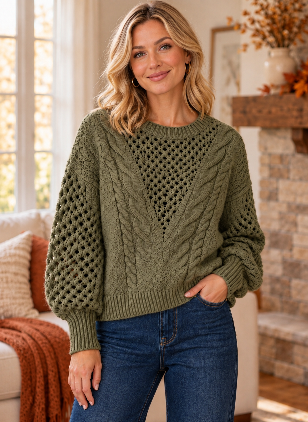 Clara Cozy Cable Knit Sweater Olive