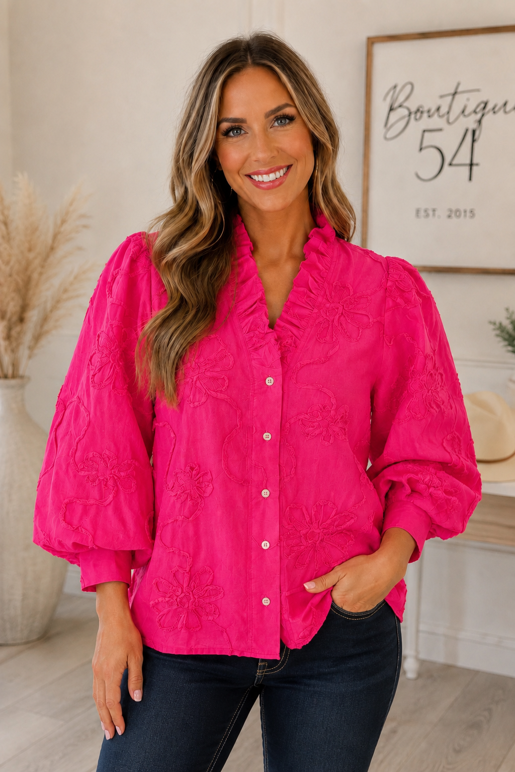 Bobbi Button Down 3d Floral Top Bubble Gum