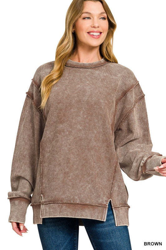 Alice Acid Washed Side Slit Pullover Mocha