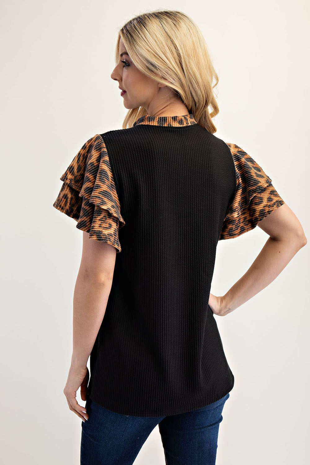 Leopard Lovers Ribbed Ruffle Sleeve Top Black