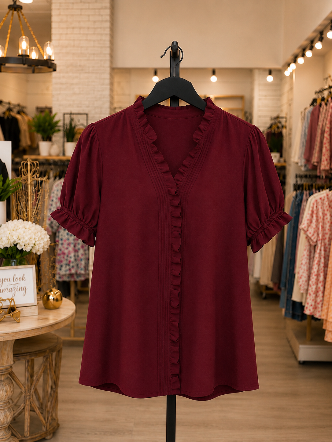 Sarah Short Bubble Sleeve Smocked Neck Top Wine