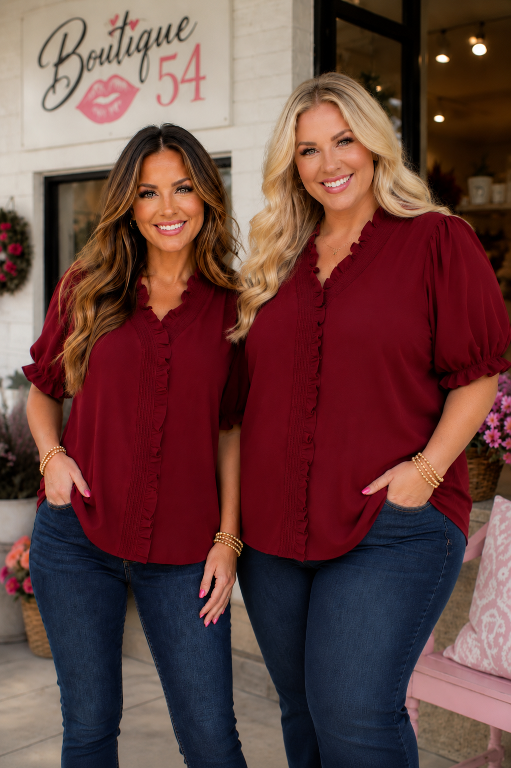 Sarah Short Bubble Sleeve Smocked Neck Top Wine