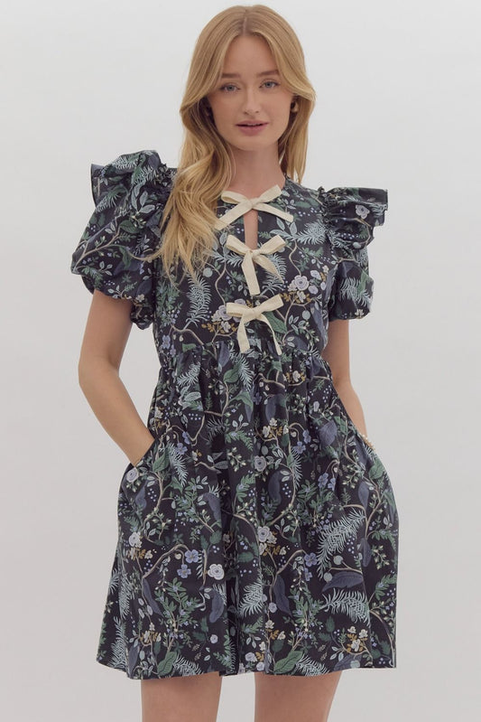 Nova Floral Print Bow Detail Dress Indigo