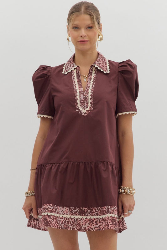 Abigail Animal Accent Trim Mini Dress Burgundy