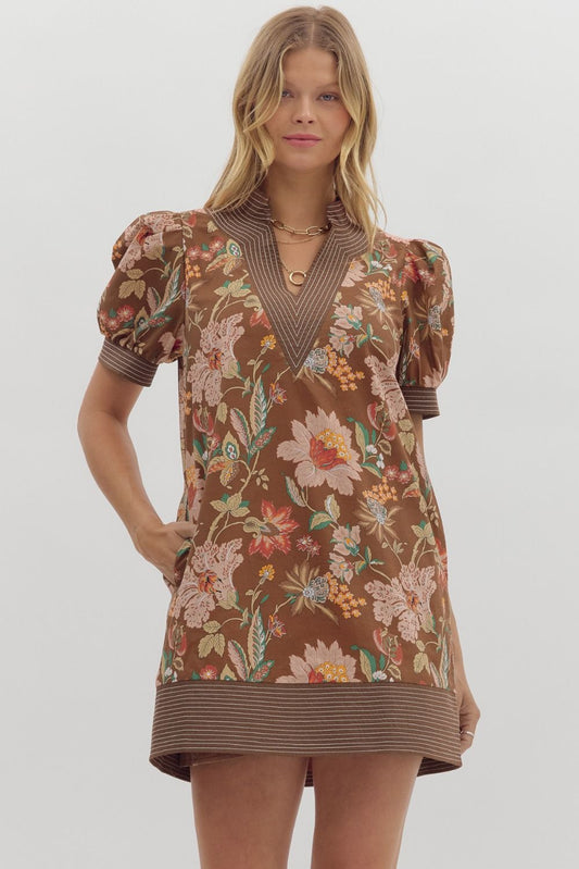 Penelope Floral Puff Sleeve Mini Dress Brown