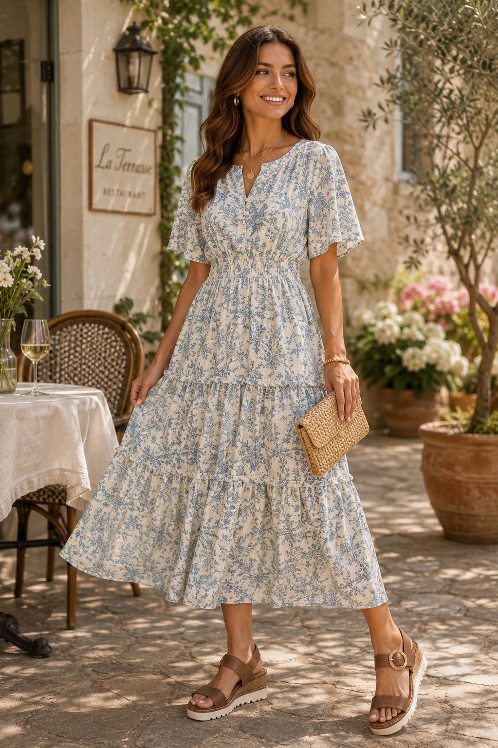 Serenity Short Sleeve Woven V Neck Tiered Midi Dress Blue