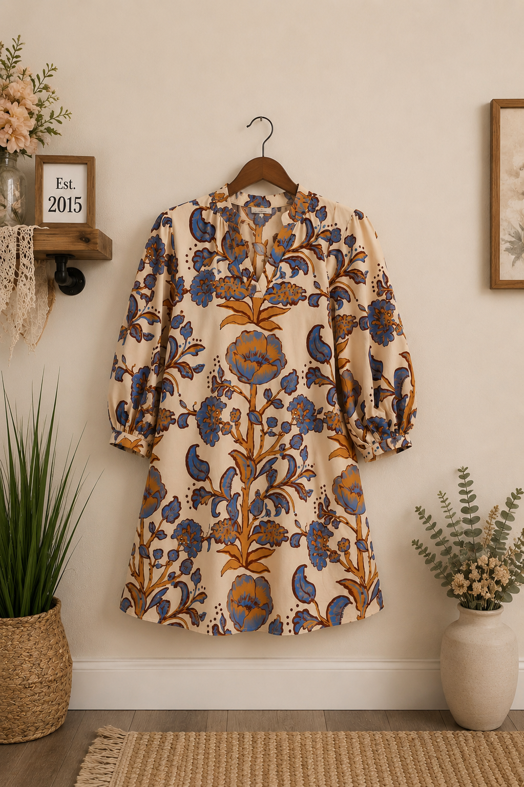 Sally Side Pocket 3/4 Sleeve Floral Dress Ecru