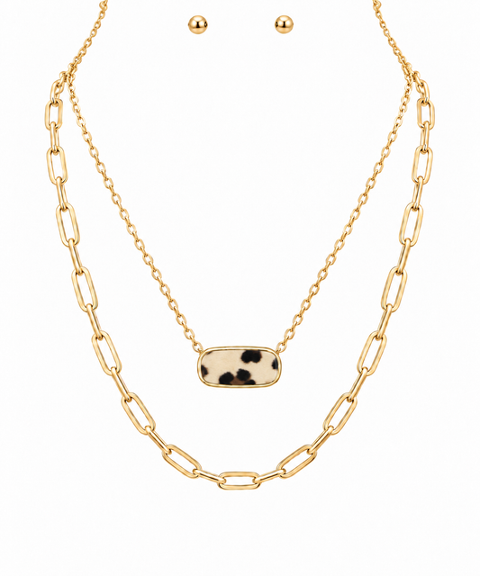Animal Print Oval Layer Necklace Set Tan