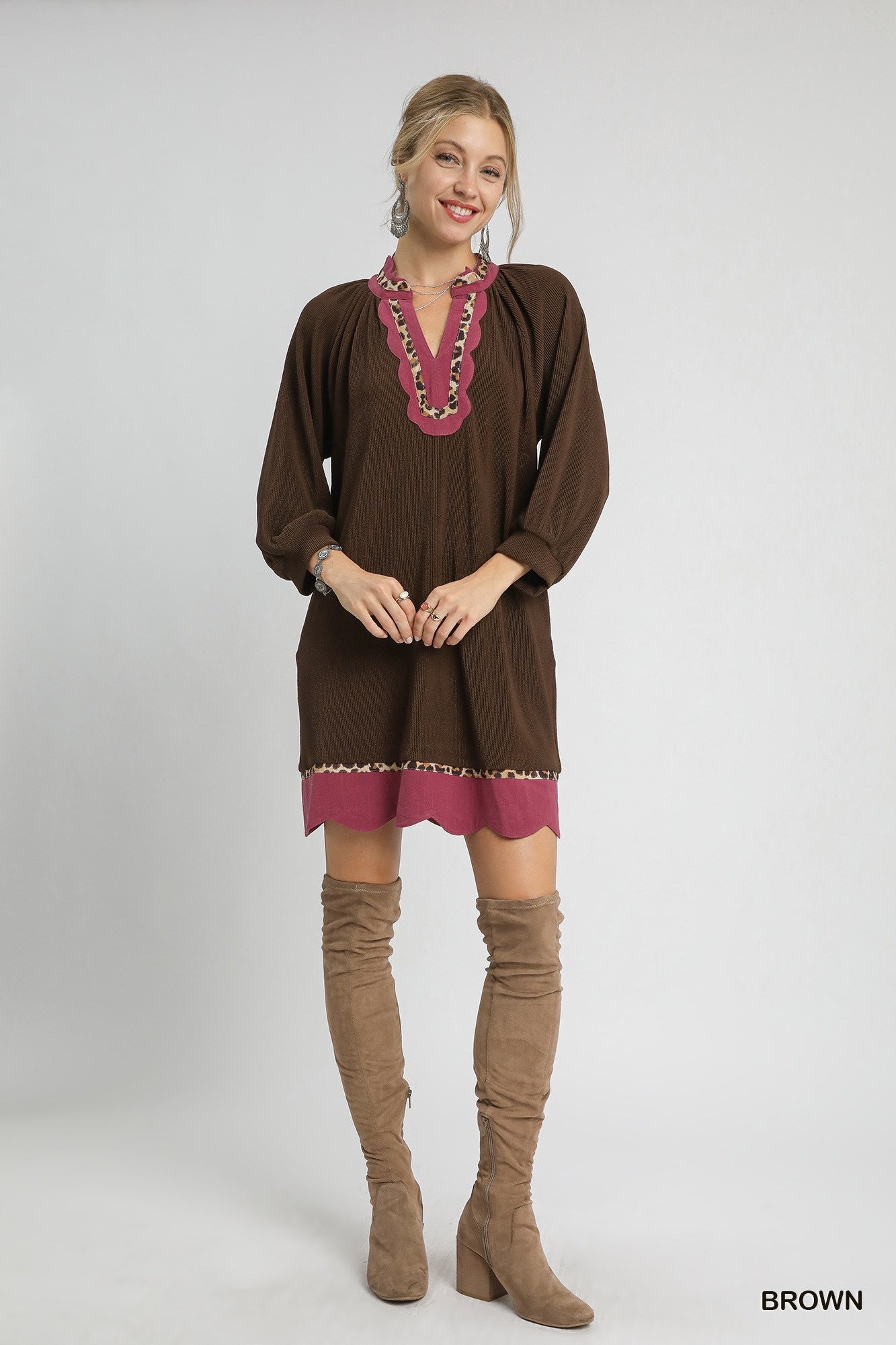 Linda Animal Print Contrast Trim Detail Dress Brown