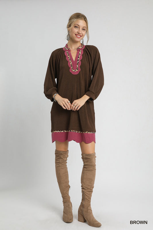 Linda Animal Print Contrast Trim Detail Dress Brown
