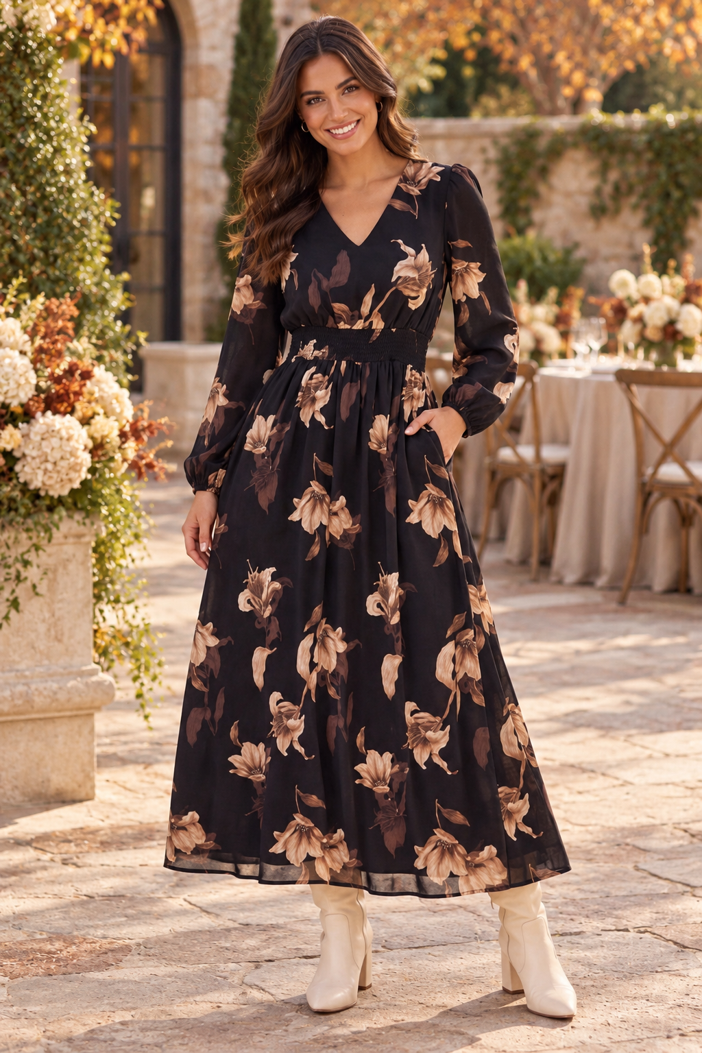 Luella Long Sleeve Floral Maxi Dress Black