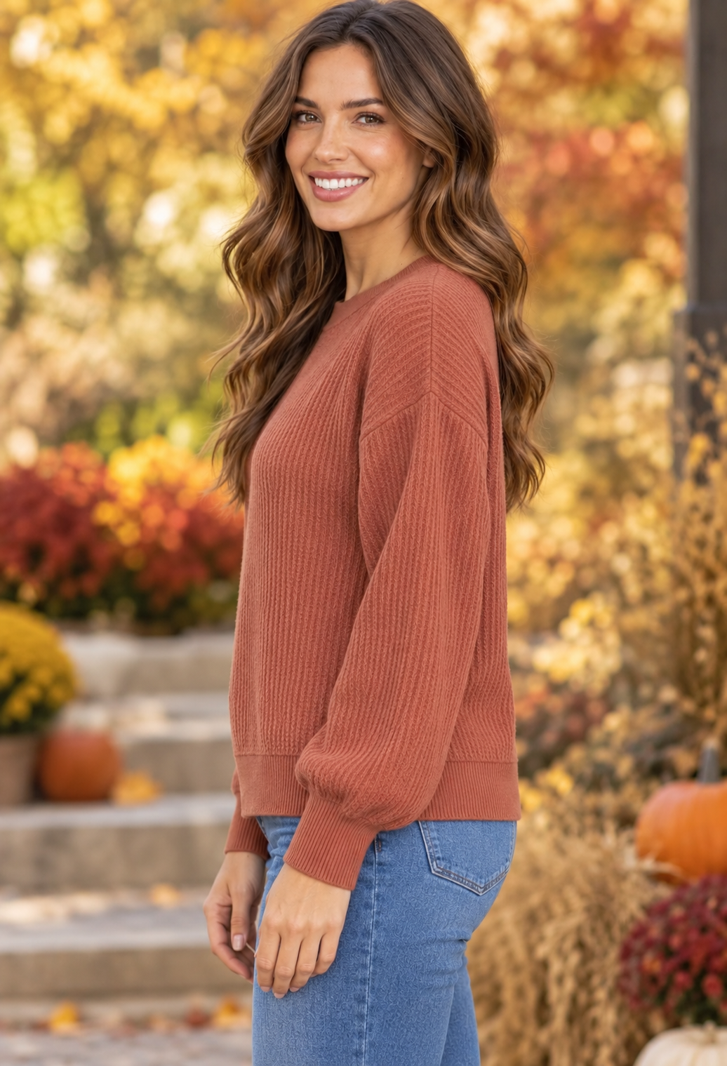 Vera Vertically Textured Balloon Sleeve Sweater Rust