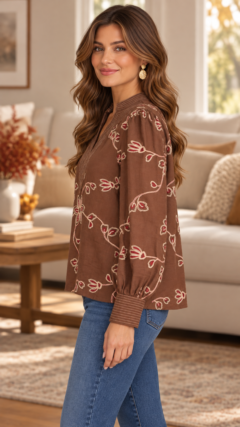 Faith Floral Embroidered Long Puff Sleeve Top Brown