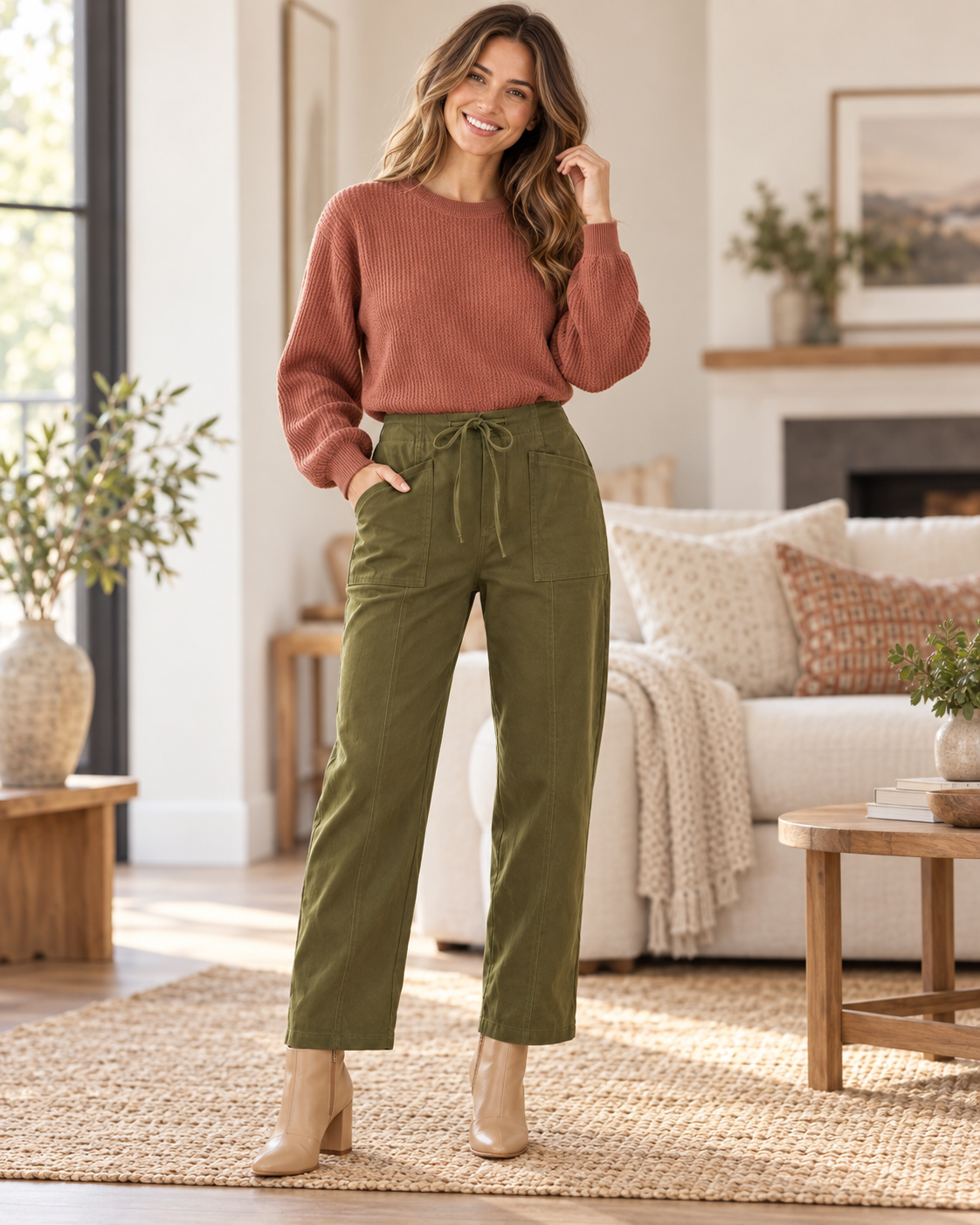 Riley Relax Fit Ribbon Seam Drawstring Pants Olive