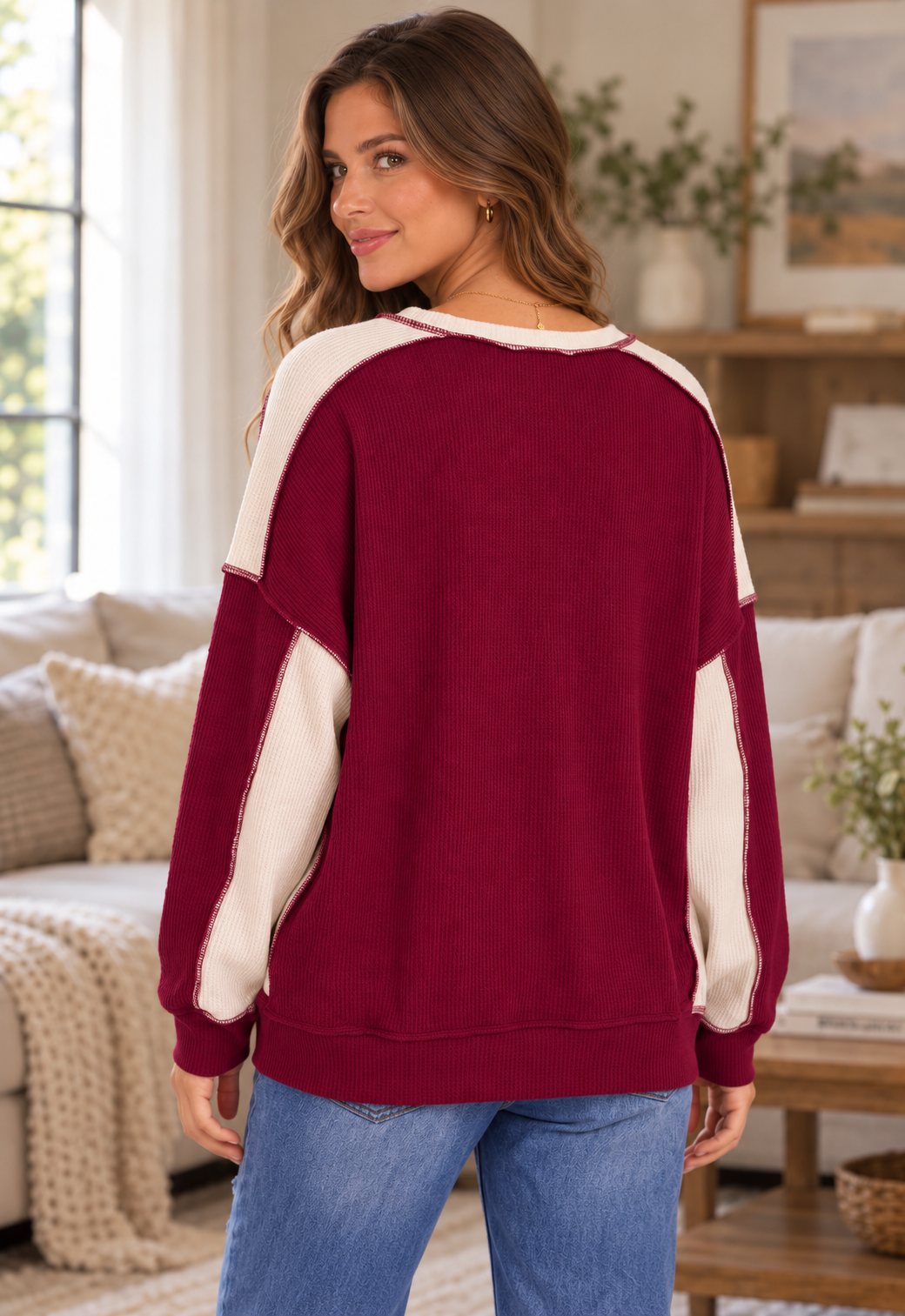 Bambi Color Block Exposed Seam Sweatshirt Burgundy