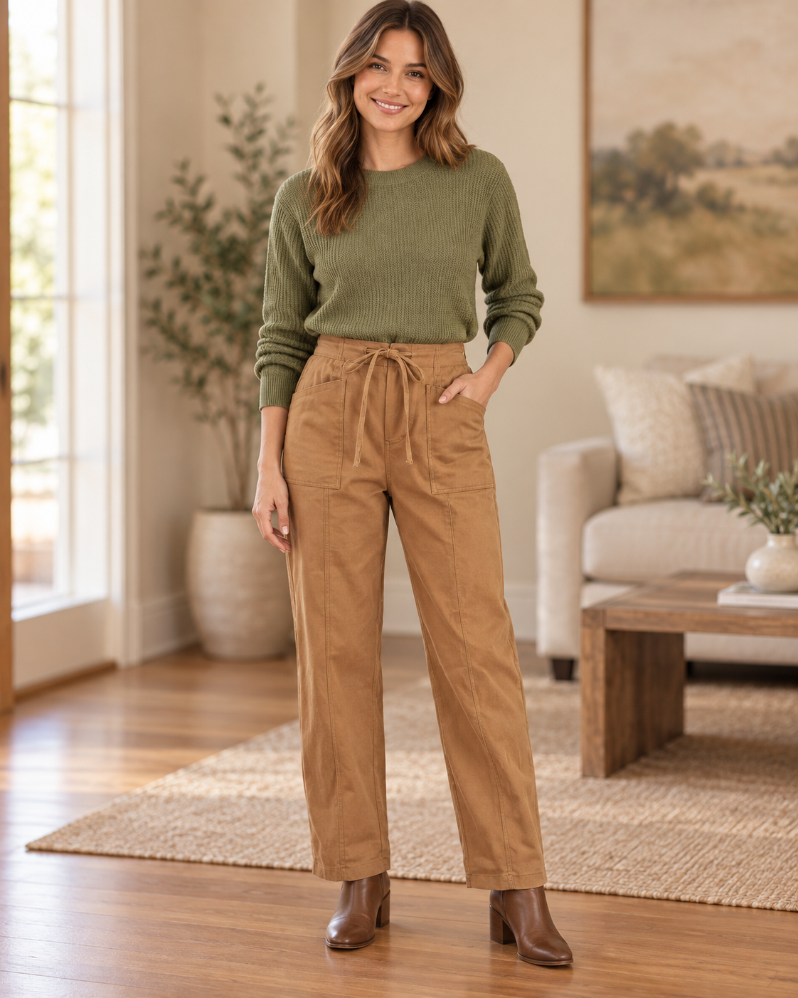 Riley Relax Fit Ribbon Seam Drawstring Pants Camel
