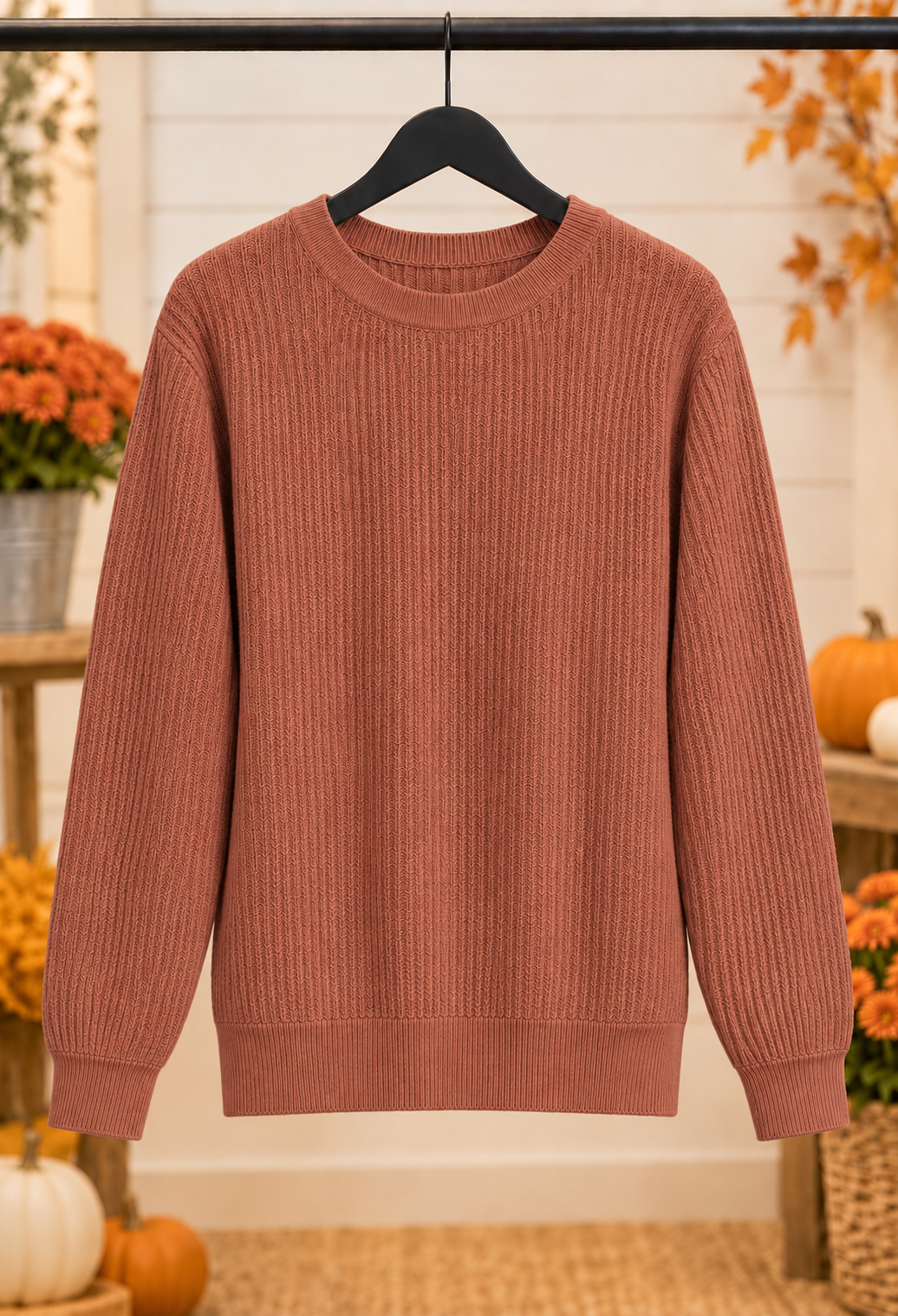 Vera Vertically Textured Balloon Sleeve Sweater Rust