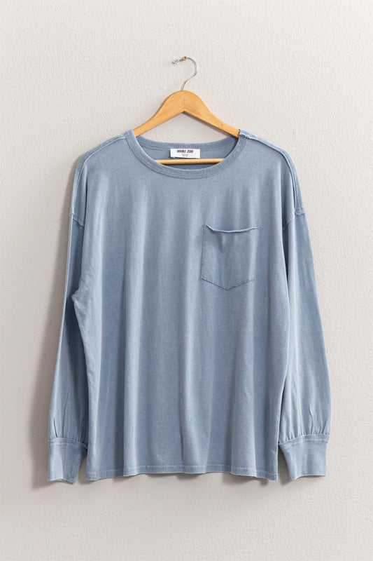 River Washed Long Sleeve Pocket Tee Gray Blue