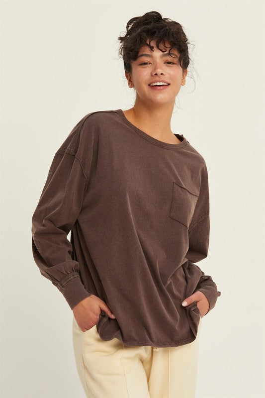 River's Washed Long Sleeve Pocket Tee Espresso