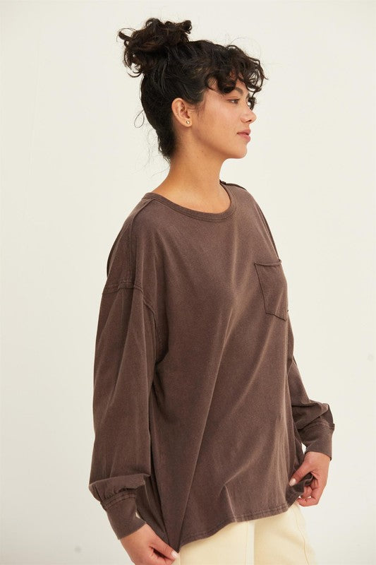 River's Washed Long Sleeve Pocket Tee Espresso