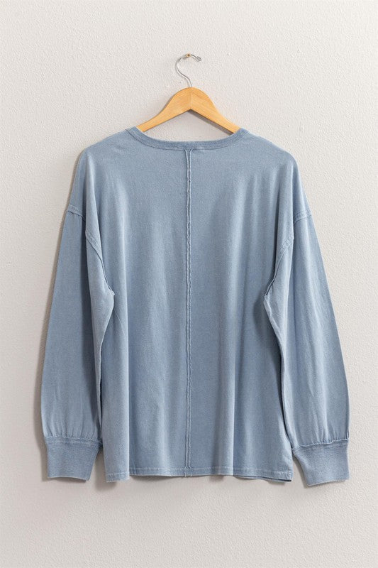 River Washed Long Sleeve Pocket Tee Gray Blue