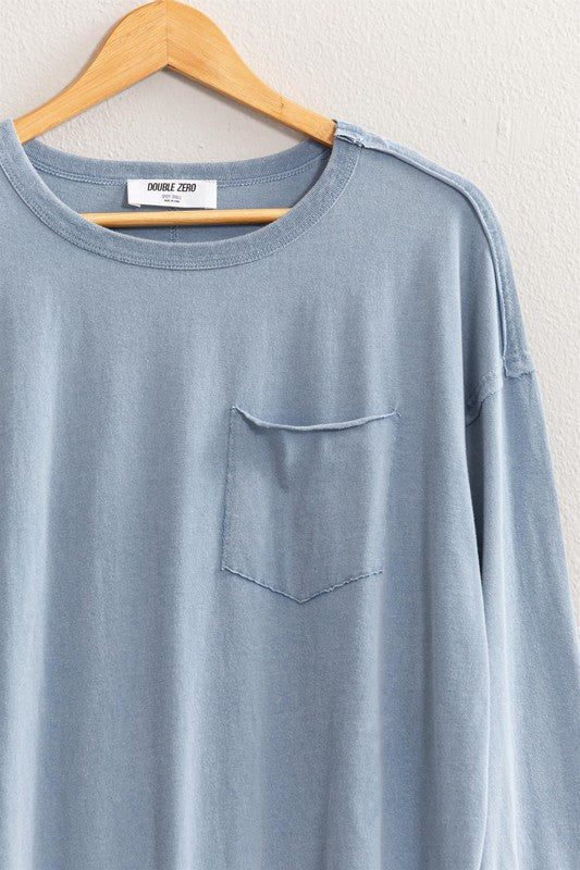 River Washed Long Sleeve Pocket Tee Gray Blue