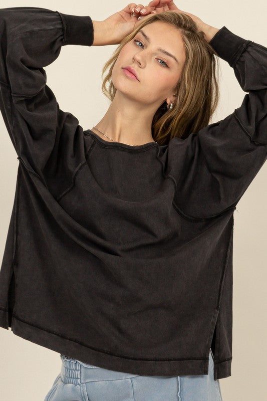 Ariel Long Sleeve Side Slit Top Black