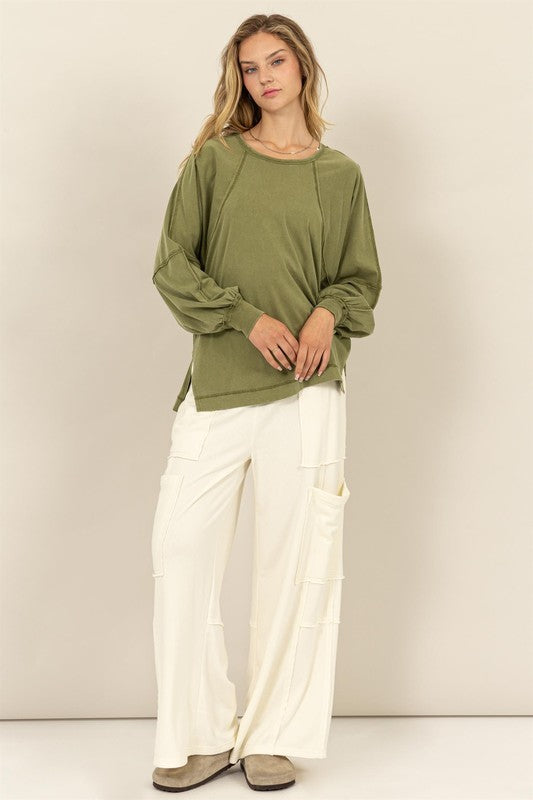 Ariel Long Sleeve Side Slit Top Moss