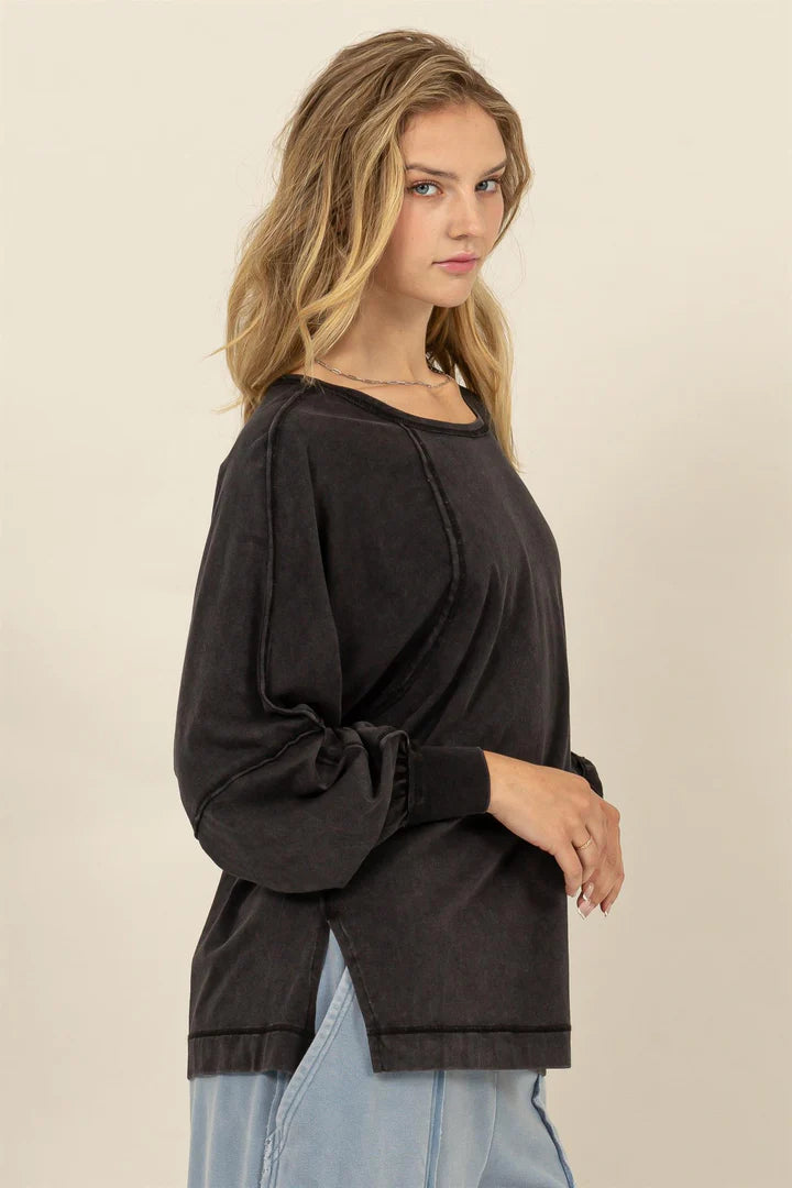 Ariel Long Sleeve Side Slit Top Black