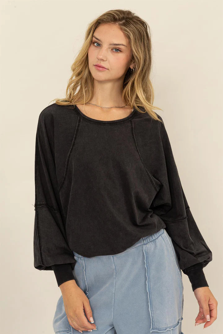 Ariel Long Sleeve Side Slit Top Black