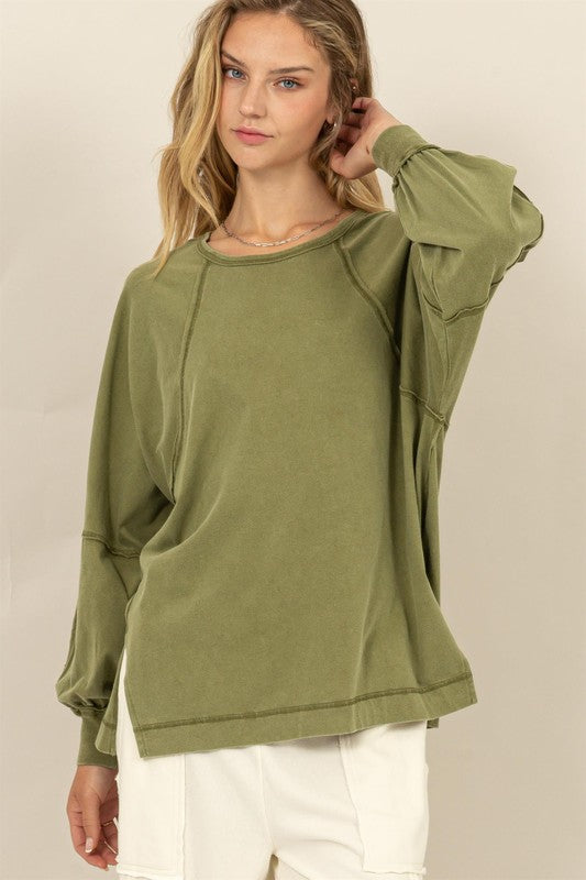 Ariel Long Sleeve Side Slit Top Moss