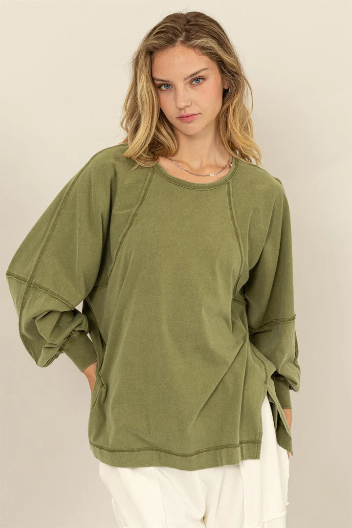 Ariel Long Sleeve Side Slit Top Moss