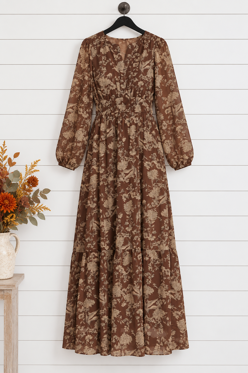 Leonora Long Sleeve Floral Tiered Maxi Dress Brown