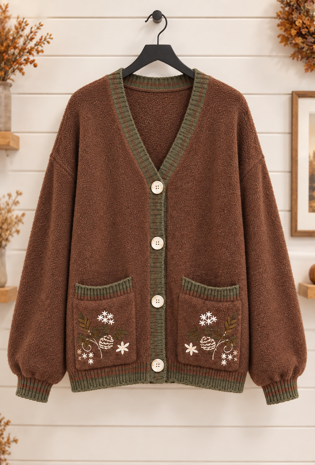 Maple Floral Embroidery Soft Knit Cardigan Forest Mocha