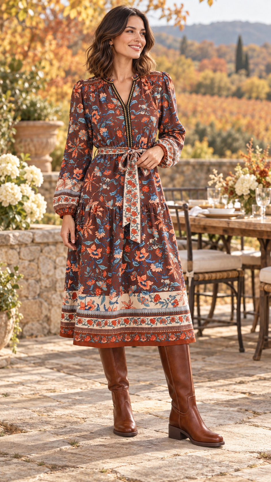 Presley Floral Border Print Belted Midi Drss Coco Brown