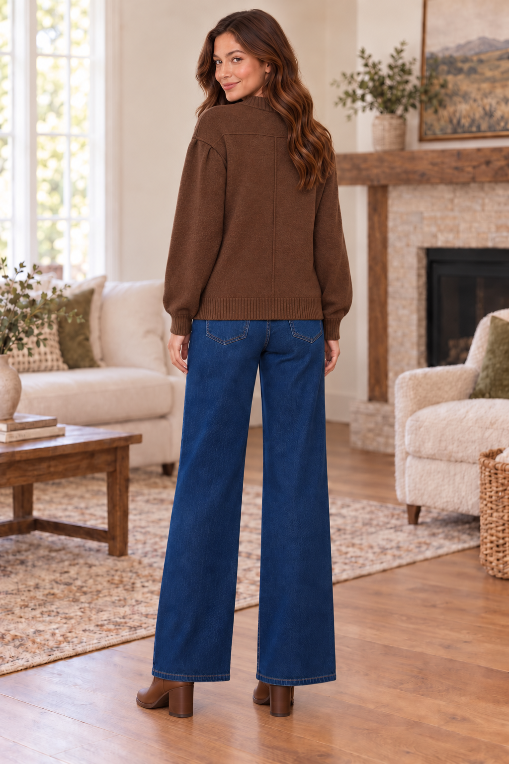 Delaney Drop Shoulder Long Puff Sleeve Sweater Cardigan Brown