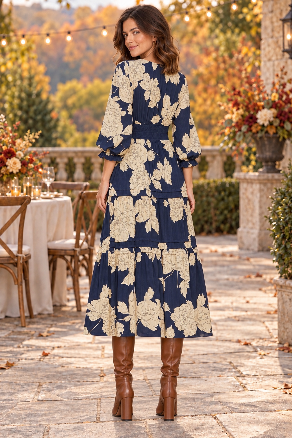 Palmer 3/4 Sleeve Floral Tiered Midi Dress Navy