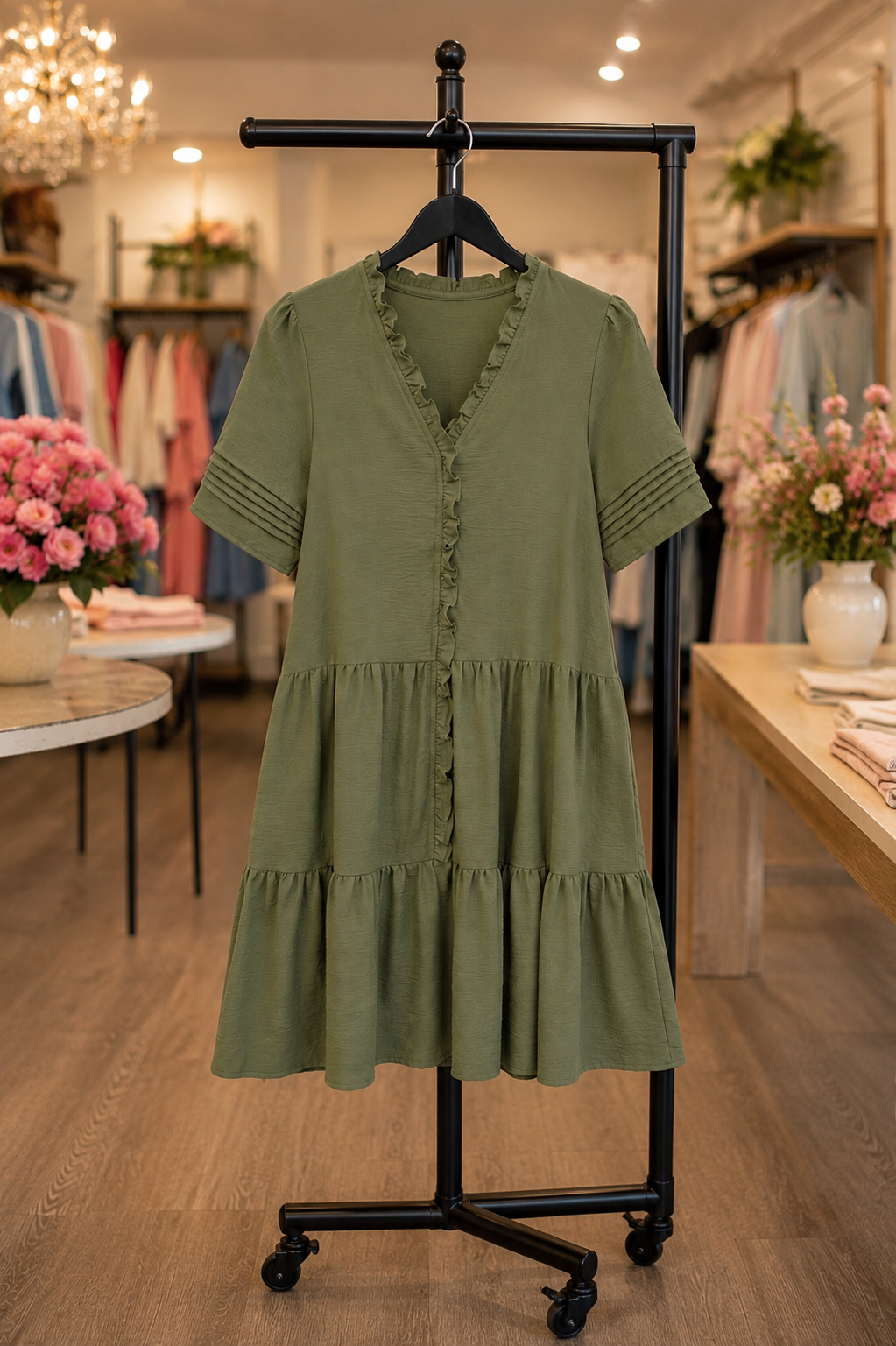 Haley Half Pleated Sleeve Ruffled Detail Tiered Mini Dress Olive