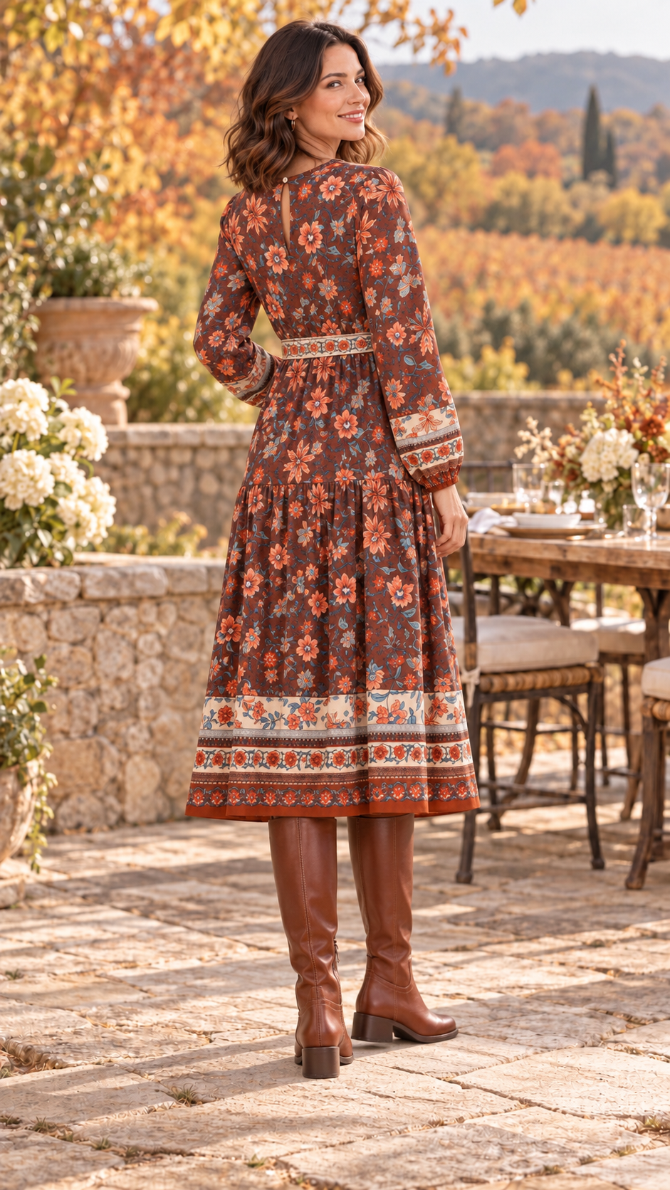 Presley Floral Border Print Belted Midi Drss Coco Brown